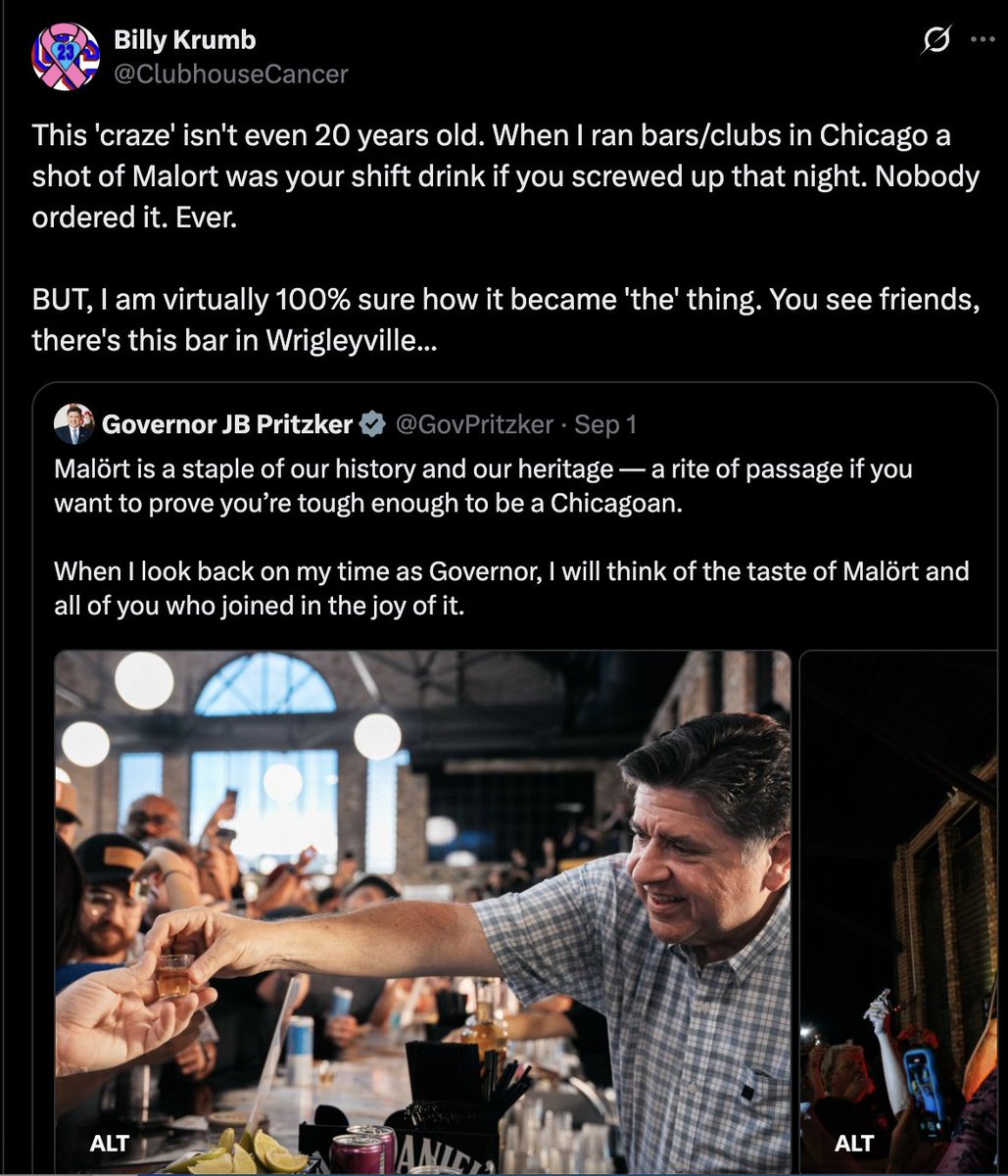 PaulSkallas's tweet photo. There has never been an integrated Chicago identity until very recently. Chicago has always been a city filled with ethnic whites, midwestern emigrants, hispanic groups and a large isolated black population. These groups never interacted with each other much. Which is why the "Chicago accent" has always been spoken only by a minority of people. 

The New York accent, meanwhile, is spoken by all classes and races. There was more of a whole identity in that city.

But in the last 15 years ethnic whites assimilated, many hispanic groups, indians and asians, and midwestern emigrants all combined together. They form this new identity called the "Chicagoan" 

Now that a mass of people exist, you have to build traditions. Even if they are not real. To pretend this identity has been around for a long time. 

So the governor promotes an alcoholic drink that is supposed to have deep ties to the city. It doesn't.
