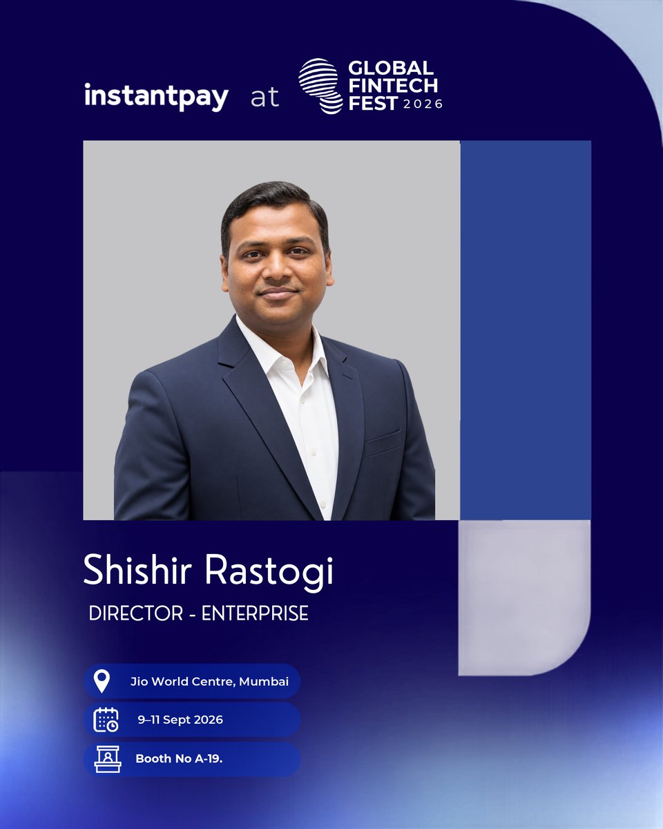 InstantpayIN's tweet photo. Meet Shishir Rastogi, Director - Enterprise
✨ Catch him at #GFF2026 as he shares insights on partnering with enterprises for smarter financial operations.
📅 9–11 Sep 2026 | 📍 Jio World Centre, Mumbai | Booth A-19
#GlobalFintechFest #Leadership #ResponsibleFinance https://t.co/bz0a7l8lsM