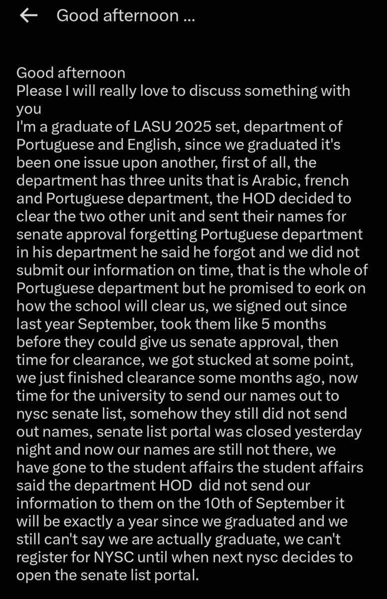 TheAjakeManger's tweet photo. This person graduated last year, yet @LASUOfficial is keeping them from furthering their career.
So what's the essence of going to school if you can't graduate at the time you are supposed to?

How can a school not be interested in the future of its students? 

PS: This is just one out of many others