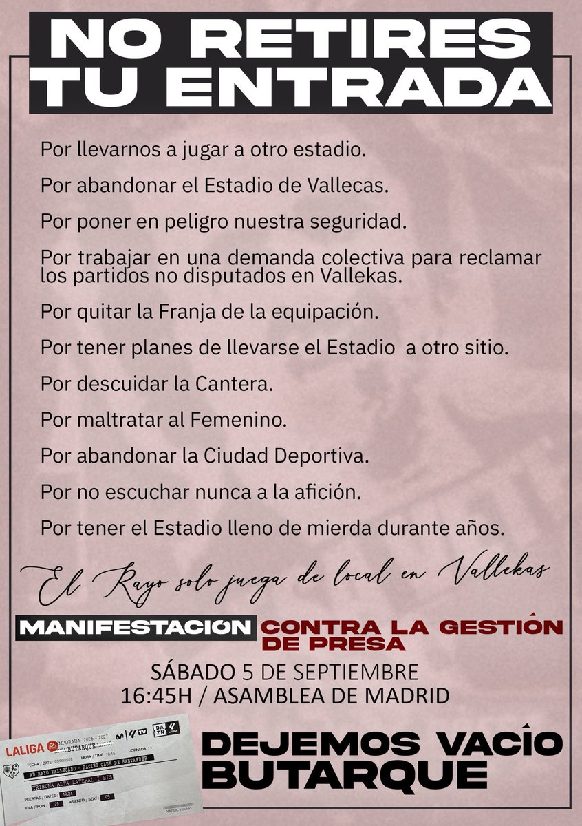 bukaneros92's tweet photo. A ver, que nos lo expliquen.

El @RayoVallecano no ha informado a sus socios de dónde será el partido.

Presa y Sardá aseguran que el Estadio de Vallecas está listo para jugar.

¿Pero Butarque anuncia ya la venta de entradas?

Ante esta tomadura de pelo, rayista, no retires tu entrada.