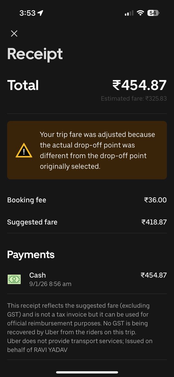 uttuswaami's tweet photo. Hello @Uber @Uber_India 

I had a ride yesterday. At the time of booking the price displayed was 342 (or 324). 

By the time we reached our destination, the fare had jumped to 454. The drop off point was Indigo T3.

Exactly when and why was the fare changed then?! Scam attempt? https://t.co/t6aP6VR8p4