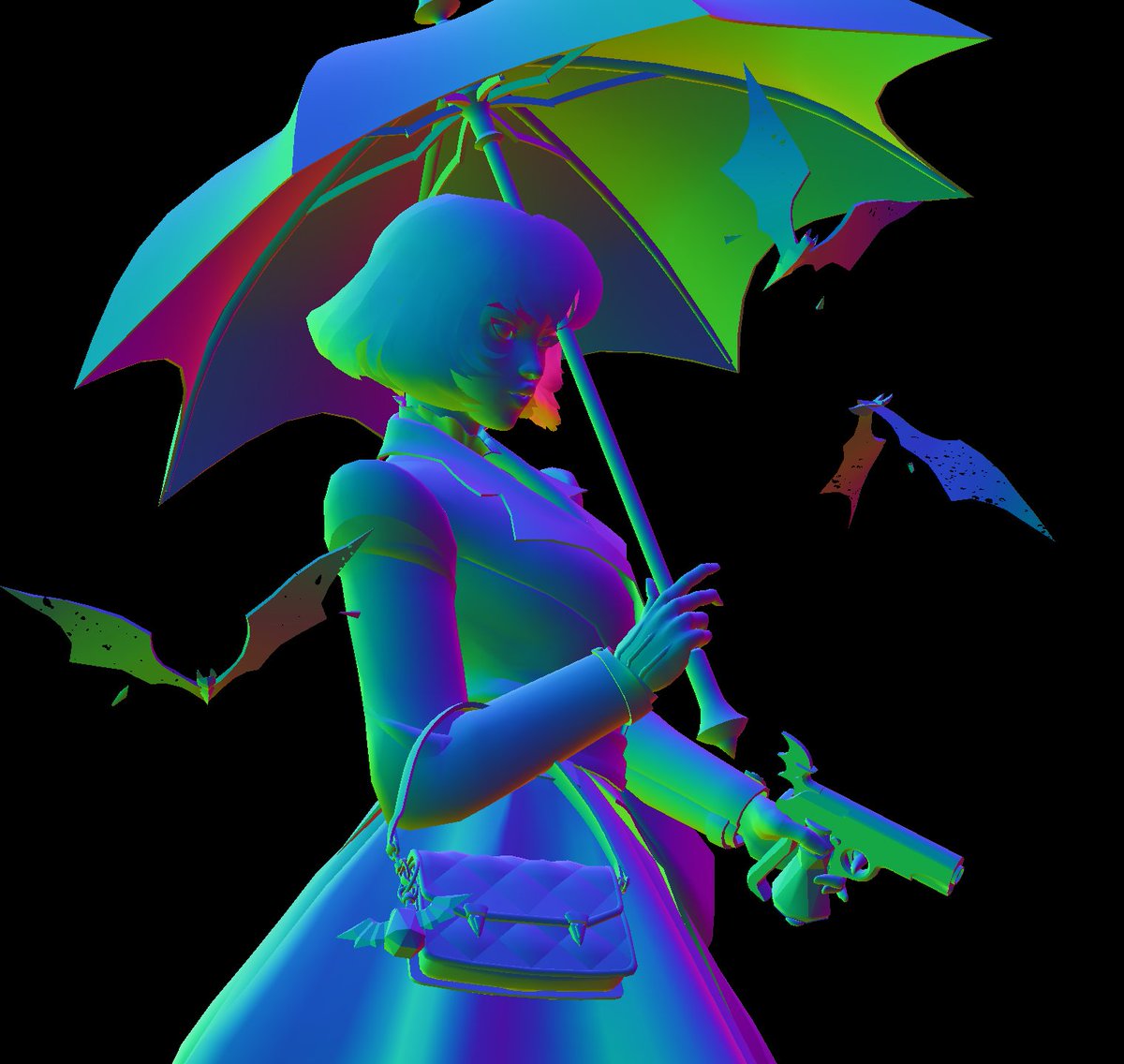 Acerola_t's tweet photo. Frame captured Deadlock to check it out a bit and these bats in Mina's portrait are actual 3D models lol, Deadlock really has a nice sleeper toon shader https://t.co/ynGTZyURW4