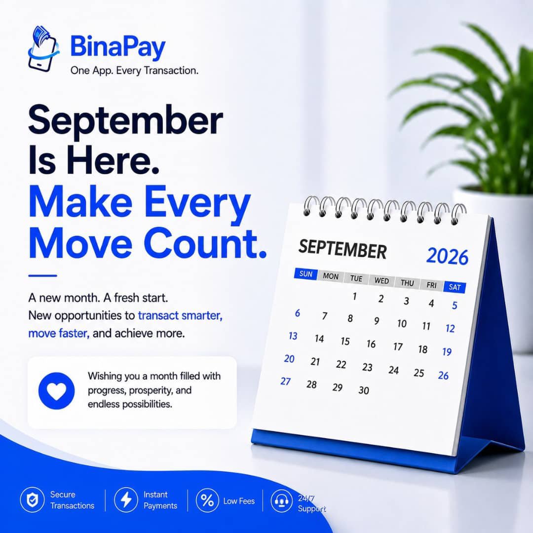 binapay_app's tweet photo. A new month. A fresh start. New opportunities to transact smarter, move faster, and achieve more.

May September bring you greater wins, smarter financial decisions, and more reasons to smile. ✨

With BinaPay, your everyday transactions are always within reach.

Happy New Month from BinaPay! 💙

One App. Every Transaction.

#BinaPay #HappyNewMonth #September #Fintech #Crypto #DigitalPayments
