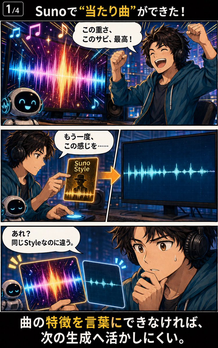 Eto1442179's tweet photo. 🎧 Suno楽曲解析プロンプトを公開しました。

『Suno楽曲・心理音響統合解析プロンプト
Compact v1.1』

MP3／WAVを添付すると、

・実際にどんな音になっているか
・曲の魅力を支配している要素
・Style／歌詞演出の反映度
・制作意図と実音のズレ
・次回生��用の修正版Style×3方向

をまとめて解析します。

改善案は単なる「弱・中・強」ではなく、

A：現在の当たり生成を強化
B：本来の制作意図を優先
C：曲の核を使った別方向の可能性

の3案。

実測・推定・解釈を分け、測っていない数値やSuno内部処理は断定しない設計です。

「指示した言葉が、実際にどう音へ変換されたのか」を見て、次の生成につなげるためのプロンプトです。

プロンプトはこちら👇
https://t.co/B3AhVtqJqE