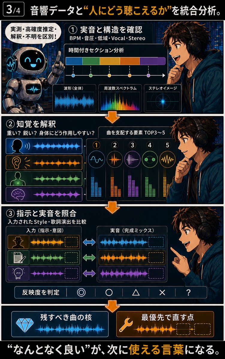 Eto1442179's tweet photo. 🎧 Suno楽曲解析プロンプトを公開しました。

『Suno楽曲・心理音響統合解析プロンプト
Compact v1.1』

MP3／WAVを添付すると、

・実際にどんな音になっているか
・曲の魅力を支配している要素
・Style／歌詞演出の反映度
・制作意図と実音のズレ
・次回生��用の修正版Style×3方向

をまとめて解析します。

改善案は単なる「弱・中・強」ではなく、

A：現在の当たり生成を強化
B：本来の制作意図を優先
C：曲の核を使った別方向の可能性

の3案。

実測・推定・解釈を分け、測っていない数値やSuno内部処理は断定しない設計です。

「指示した言葉が、実際にどう音へ変換されたのか」を見て、次の生成につなげるためのプロンプトです。

プロンプトはこちら👇
https://t.co/B3AhVtqJqE