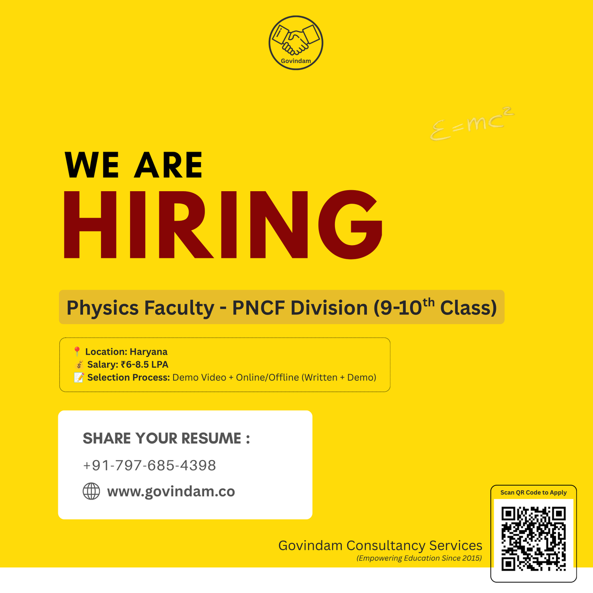 GovindamLtd's tweet photo. National Brand Institute is Hiring in Haryana

📢 Subject: Physics (9-10th Class) Faculty
📍 Location: Haryana
📝 Selection Process: Demo Video + Online/Offline (Written + Demo)
💰 Salary: Upto 50-70K

📲+91-797-685-4398

#haryana #teachingjobs #physics #gurugram #hisar #jind https://t.co/VSTxIbbCKe
