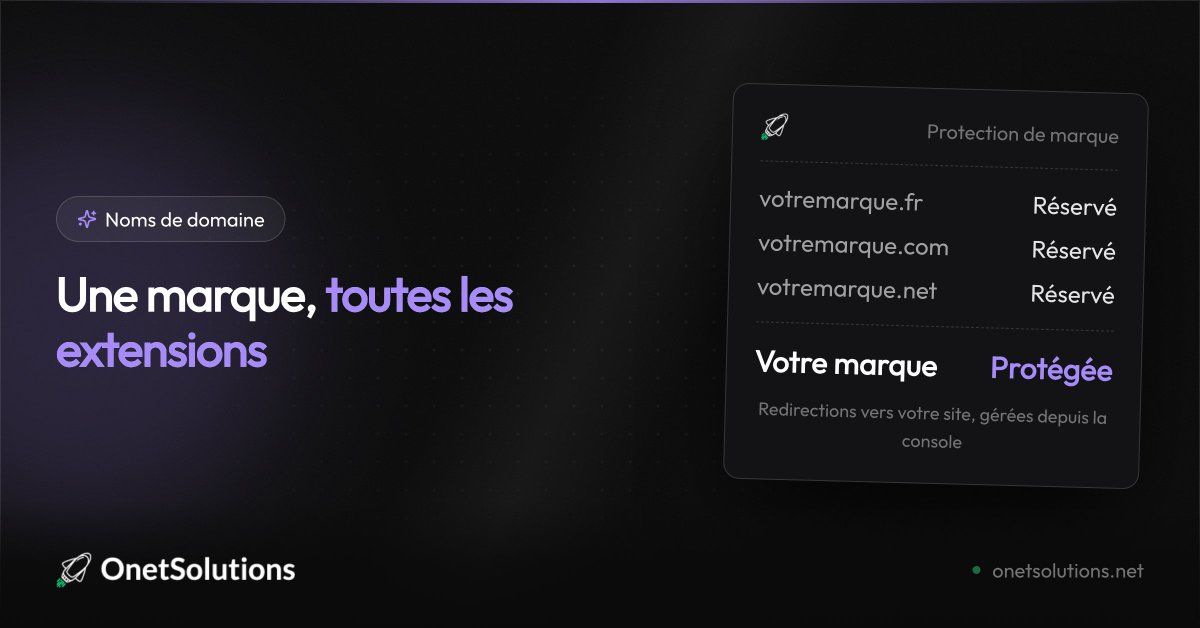 OnetSolutions's tweet photo. 🛡️ Votre marque mérite mieux qu'une seule extension.
.fr, .com, .net : réservez-les toutes et redirigez tout vers votre site. 🎯
Personne ne squattera votre nom !

👉 https://t.co/6HwqFSGCaf https://t.co/6pyg7KjZ34