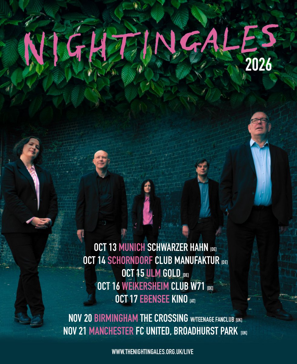 _Nightingales's tweet photo. Our remaining live shows for the year! Bringing the new line up to Germany &amp; Austria for a handful of dates this Oct + Nov we play a one off date as special guests to @TeenageFanclub in Brum &amp; then over to @FCUnitedMcr for a pre-match show 

Tickets https://t.co/4MwD9txqWv https://t.co/kfUDE2gbGG