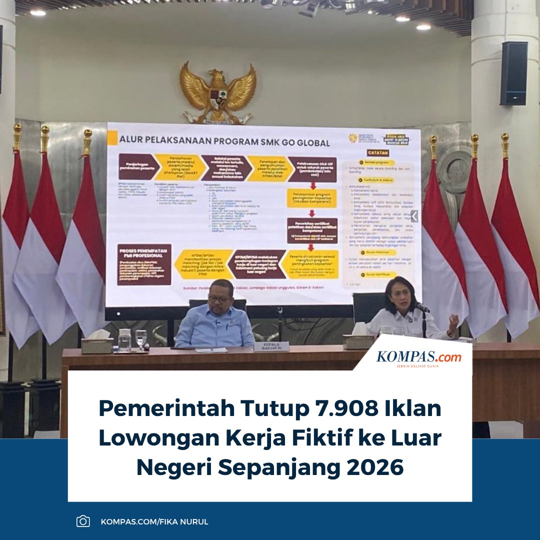 kompascom's tweet photo. Baca selengkapnya: https://t.co/eIVKjAEuko

Pemerintah menutup 7.908 tautan lowongan kerja fiktif ke luar negeri hingga Agustus 2026. Wakil Menteri P2MI Christina Aryani meminta masyarakat mewaspadai tawaran kerja yang terlalu mudah.

~RK #lowongankerja #tutup https://t.co/ndSpCHLOsb