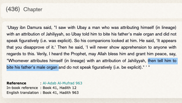 LaPiluleCast's tweet photo. Beaucoup de musulmans sont vexés ou choqués par mon vocabulaire lorsque je parle de l’islam. Très bien.
Mais que pensent-ils de ce hadith du prophète Muhammad ?
« Celui qui se réclame de la Jâhiliyya, faites-lui mordre le zboub (pénis) de son père, et ne faites pas d’euphémisme (soyez explicite). »
Source : Al-Adab Al-Mufrad 963, Book 41, Hadith 12, de l’imam al-Bukhari.