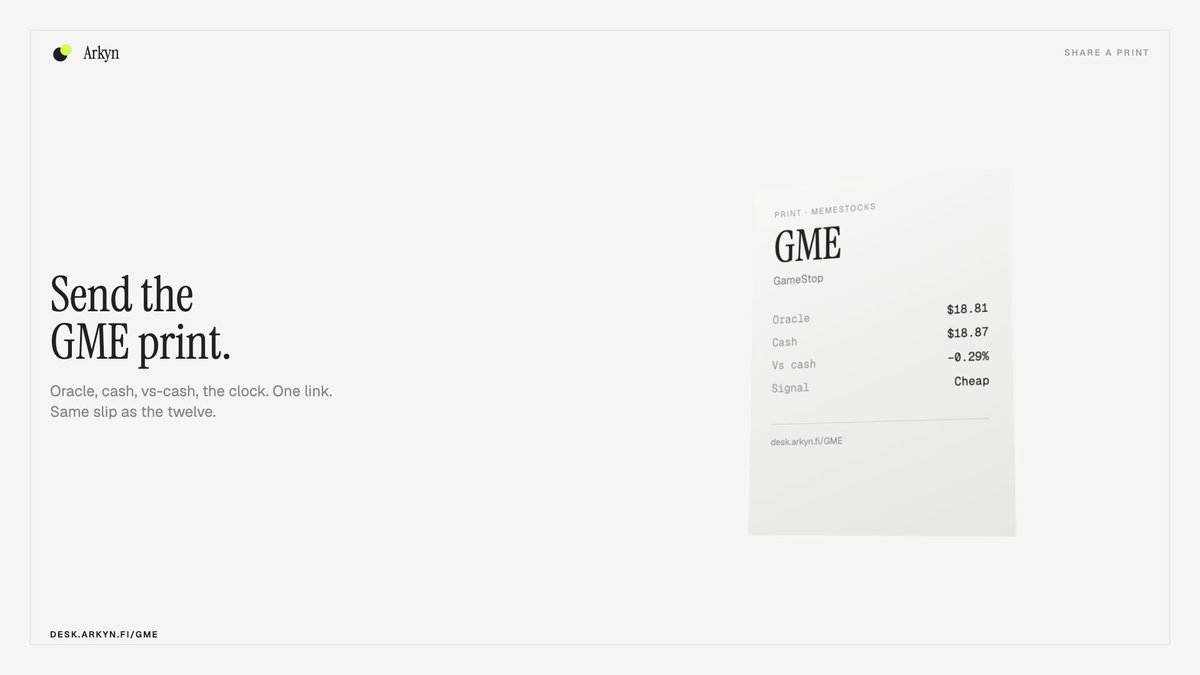 arkynfi's tweet photo. If someone asks what GME is doing onchain, send them the print.

Oracle vs cash. Cheap or rich. The clock. A link.

https://t.co/JDjVZtmixS https://t.co/TM9P7Qcx1W