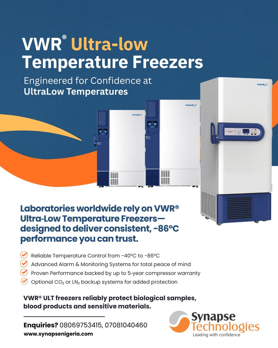 SynapseTechNg's tweet photo. With advanced alarm and monitoring systems, optional CO₂ or LN₂ backup, and proven performance supported by up to a 5-year compressor warranty, VWR® ULT freezers provide the reliability modern laboratories need.
Enquiries? 08069753415 or 07081040460.
https://t.co/Ki0S0uiCtA https://t.co/yTcK5C5Svl