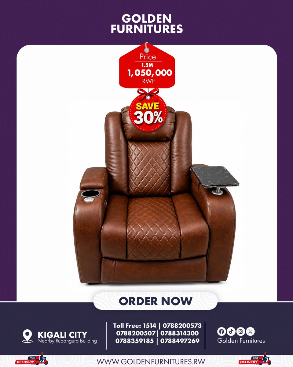 GoldenFurniturw's tweet photo. Upgrade your space with this stylish Single Sofa Chair from Golden Furnitures. Perfect for your living room, office, reception, or lounge area.
📍 Kigali City — Nearby Rubangura Building
📞 Toll Free: 1514
📱 0788200573 | 0788200507 | 0788314300 | 0788359185 | 0788497269 https://t.co/4MrTq0Ci5G