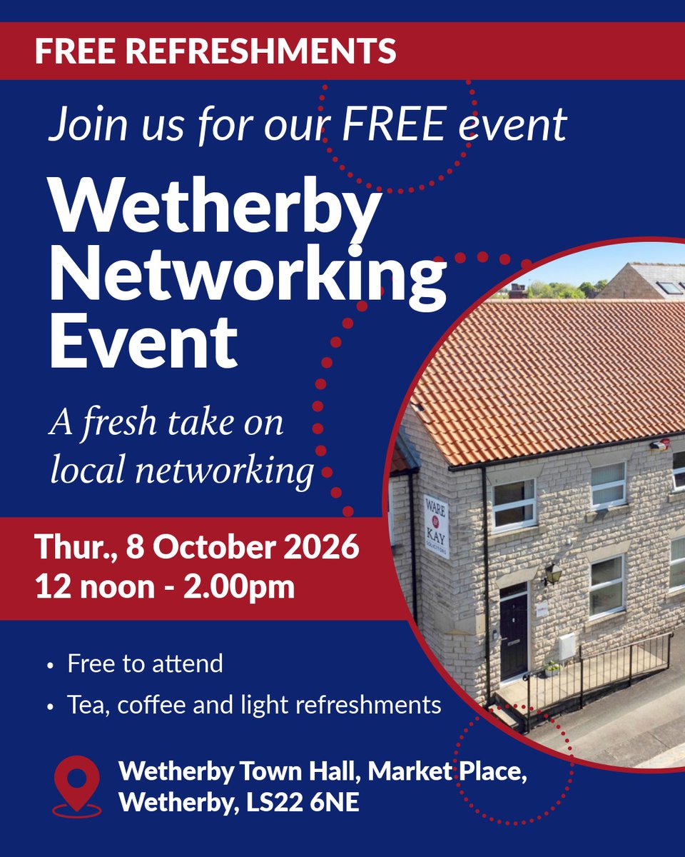 WareandKay's tweet photo. Join us for our FREE Wetherby Networking Event 

-  Wetherby Town Hall
 - Thursday 8 October 2026
 - 12 noon–2pm
- Light refreshments 

Book on Eventbrite:
https://t.co/OvhdZ5SCCT

#Wetherby #WetherbyBusiness #Networking #BusinessNetworking #WetherbyNetworking #LocalBusiness https://t.co/MHq1U5Suhl