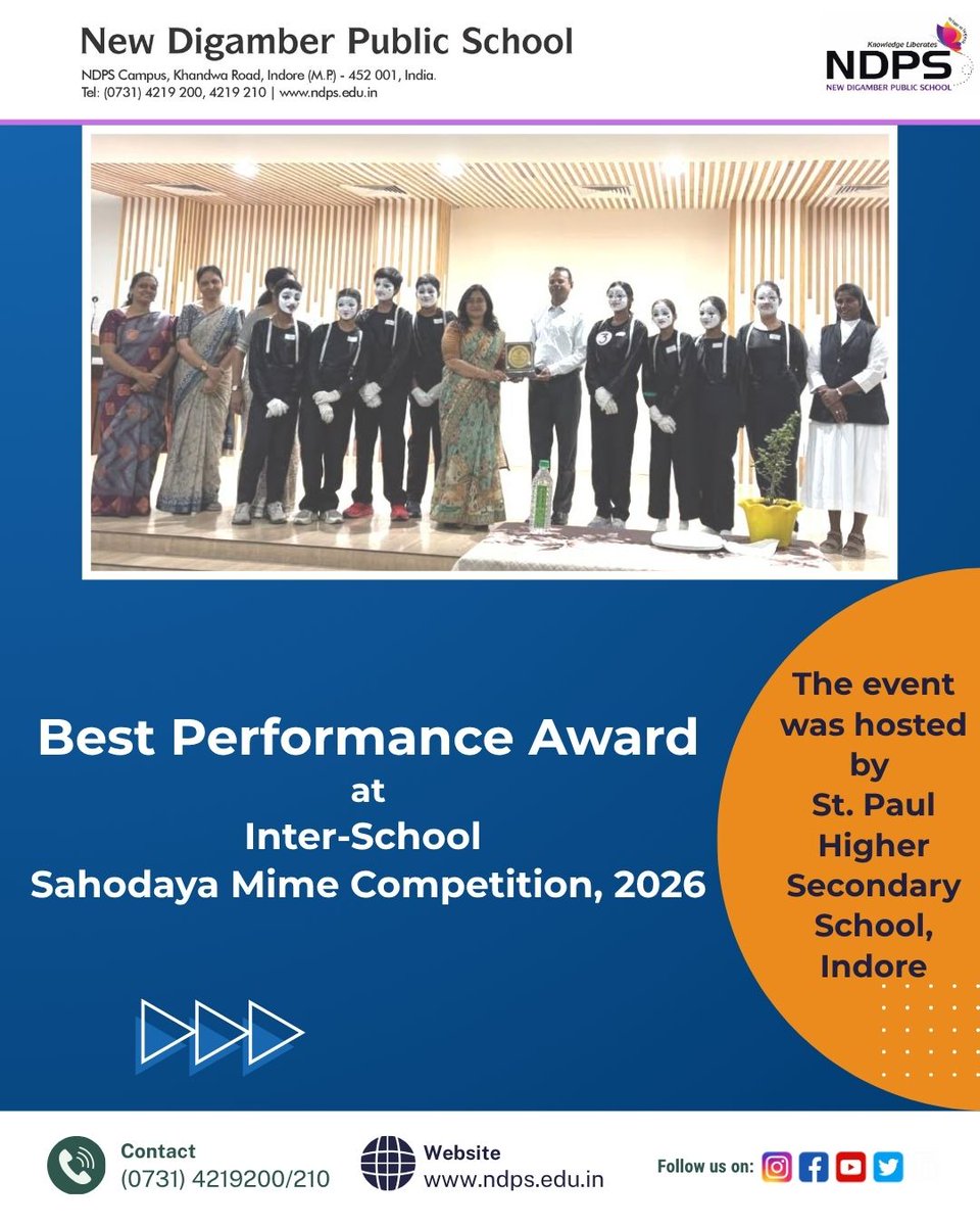 NewDigamber's tweet photo. Big Win! New Digamber Public School, Indore, bags the Best Performance Award at the Sahodaya Inter-School Mime Competition at St. Paul School!

Our students delivered a powerful, expressive performance on the theme "Digital Addiction: Choose Life, Not Just Likes." https://t.co/hBA042M0k1