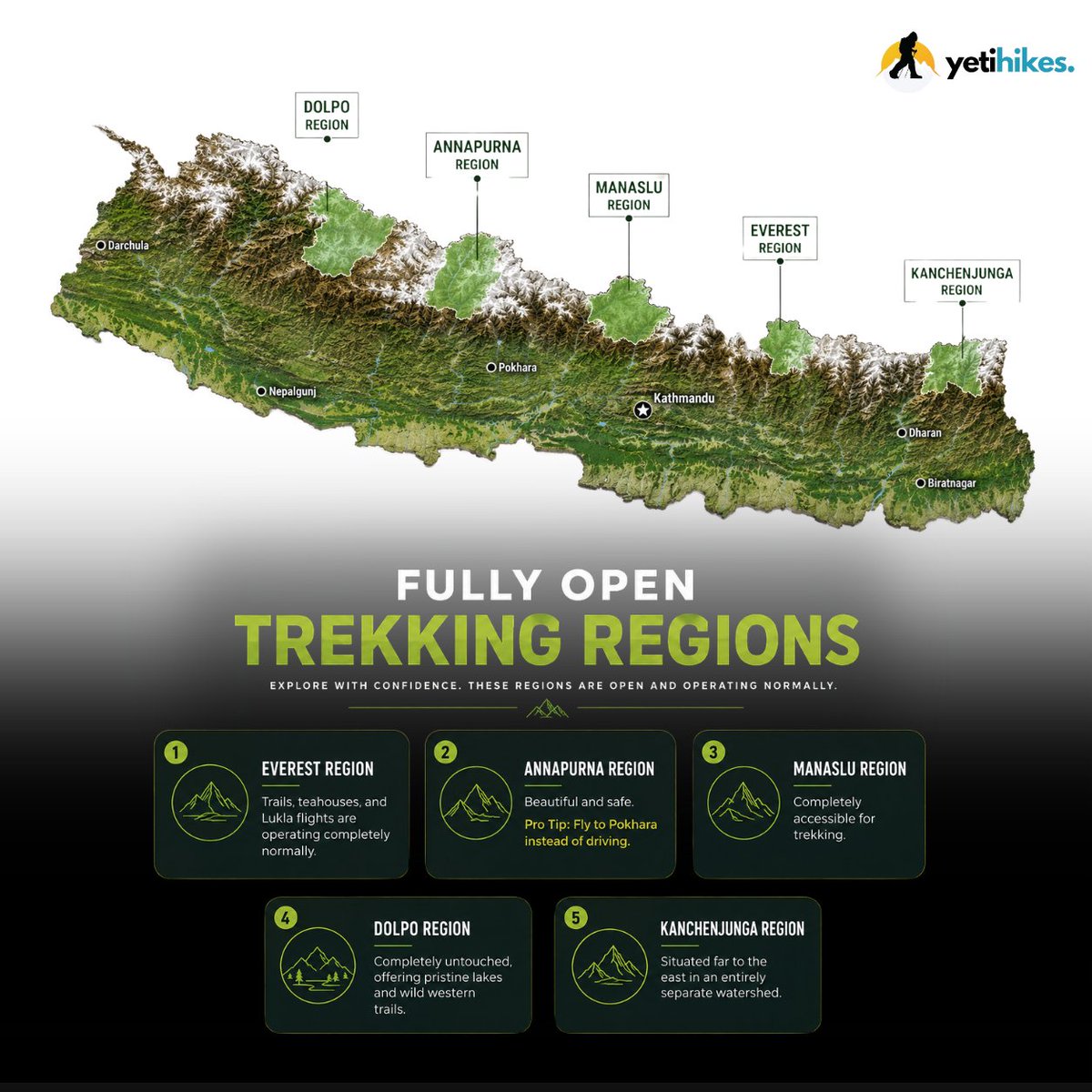 yetihikes's tweet photo. Explore Nepal with confidence. 🏔️
Everest, Annapurna, Manaslu, Dolpo, and Kanchenjunga regions remain open and ready for trekking. Plan your Himalayan adventure with confidence and stay informed before you travel.

#NepalTrekking #HimalayanAdventure #EverestRegion #Annapurna https://t.co/0z6tL3foZ2