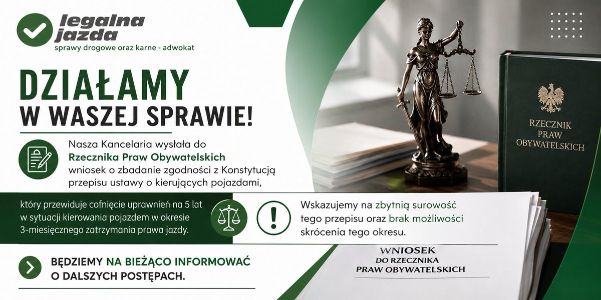 LegalnaJazda's tweet photo. ⚖️ WYSTĄPILIŚMY DO RZECZNIKA PRAW OBYWATELSKICH

Nasza Kancelaria skierowała do Rzecznika Praw Obywatelskich wniosek o zbadanie zgodności z Konstytucją przepisu ustawy o kierujących pojazdami, który przewiduje cofnięcie uprawnień do kierowania pojazdami na okres 5 lat w przypadku kierowania pojazdem w czasie 3-miesięcznego zatrzymania prawa jazdy.

W naszym wystąpieniu zwracamy uwagę przede wszystkim na zbytnią surowość tej regulacji, jej automatyzm oraz brak możliwości skrócenia tego okresu.

❗ Pięć lat cofnięcia uprawnień za jazdę w okresie zatrzymania prawa jazdy (to nie jest jazda w trakcie trwania zakazu prowadzenia pojazdów!) to konsekwencja niezwykle dotkliwa i co do zasady nieadekwatna do wagi popełnionego czynu. Przykładowo za prowadzenie pojazdu w stanie po spożyciu alkoholu do 0.5 % aktualnie brzmiące przepisy przewidują zakaz prowadzenia pojazdów od 6 miesięcy do 3 lat, gdzie po połowie jego trwania można go "skrócić" lub za jazdę w trakcie obowiązywania decyzji o cofnięciu uprawnień do kierowania pojazdami grozi zakaz prowadzenia pojazdów od 1 roku do 15 lat i tu również po połowie jego trwania można go "skrócić".

Dlatego zwróciliśmy się do Rzecznika Praw Obywatelskich o analizę tej regulacji pod kątem jej zgodności z konstytucyjnymi standardami, w szczególności zasadą proporcjonalności.

📣 Będziemy na bieżąco informować o stanowisku Rzecznika oraz dalszych postępach w tej sprawie.

🔴 Legalna Jazda – zaczyna się od nas!

https://t.co/R0pdYzzjx6