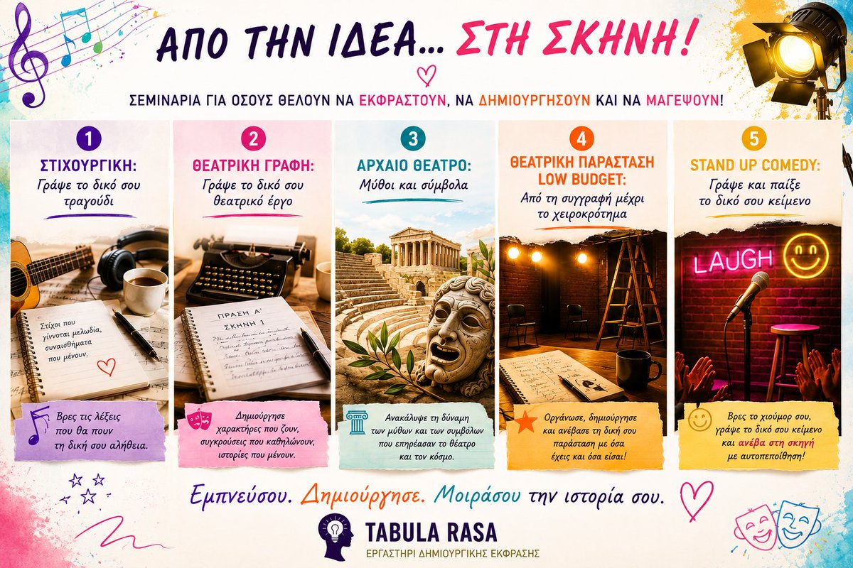 Tabula_Rasa_gr's tweet photo. Η σκηνή σε περιμένει. Εσύ τι ιστορία θα της δώσεις;

Κάθε παράσταση ξεκινά από μια ιδέα. Μια ατάκα που κάνει το κοινό να γελάσει. Ή μια ιστορία που αξίζει να ειπωθεί.

Στη Tabula Rasa θα βρεις σεμινάρια που καλύπτουν κάθε πλευρά της θεατρικής δημιουργίας.

https://t.co/0YWuaswBgv https://t.co/FREUOUzWmN