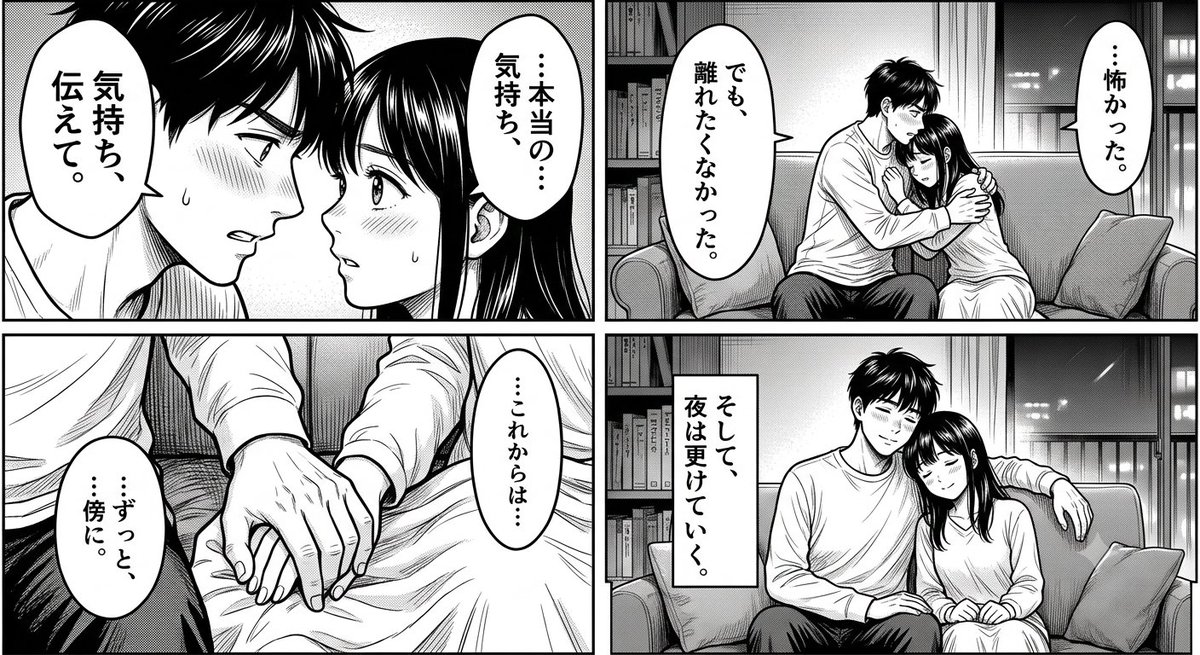 segtrnd's tweet photo. 【コマ1】
​男性: 「…本当の気持ち、教えて。」
​【コマ2】
​女性: 「…怖かった。でも、離れたくなかったの。」
​【コマ3】
​男性: 「…これからは、ずっと一緒だよ。」
​女性: 「…うん、ずっと側にいる。」
​【コマ4】
​ナレーション: そして、夜は更けていく。 https://t.co/nODcH55zae