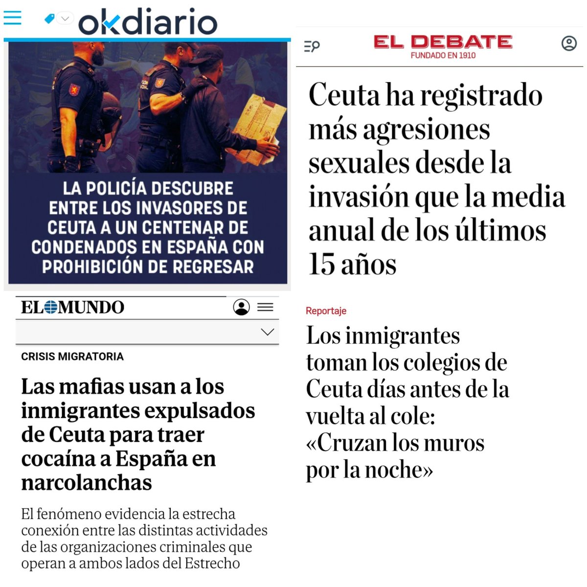 criaturina's tweet photo. LA SUMISIÓN ANTE MARRUECOS 
ESPAÑA BAJO ATAQUE
EL ASALTO A CEUTA

📢 NECESITAN LLENARNOS DE DELINCUENTES 

🙄🙄 TERRORISMO, NARCO, VIOLACIONES, OKUPACIÓN: Los invasores vinieron a tocar todos los palos. https://t.co/ChWLh5lRXU