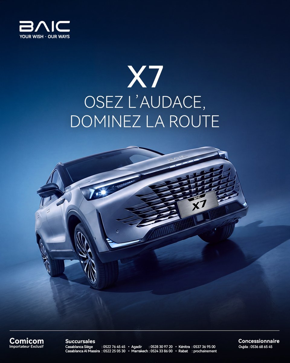 BaicMaroc's tweet photo. Prestance, performance et raffinement, le SUV BAIC X7 ne se contente pas de suivre la route. Il la redéfinit.

Découvrez le sur : https://t.co/cR4we23tx5
Ou contactez nous sur le numéro suivant : ☎ 05.22.76.45.45

#BAIC #X7 #BeBaic #YourWishOurWays https://t.co/zWIl3VS5xL