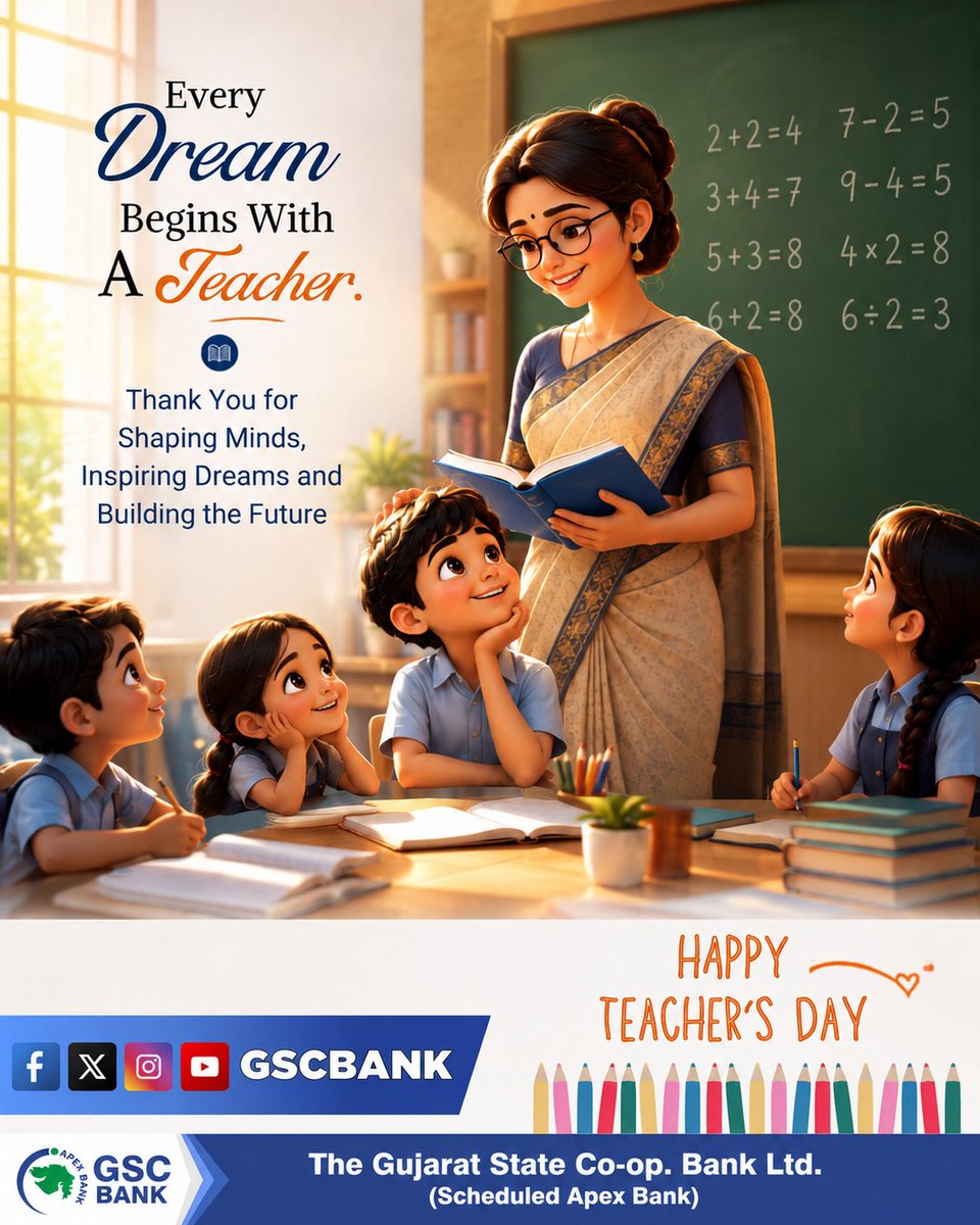GSCBank's tweet photo. Every Dream Begins with A Teacher.
Thank You for Shaping Minds, spiring Dreams and Building the Future.
Happy Teacher's Day...!
#GSCB #Wishes #teachersday2026 #teachersdaycelebration #teachers #happyteachersday #teacherlife #education #school #teacherappreciation #teaching https://t.co/TtKnyqATYN