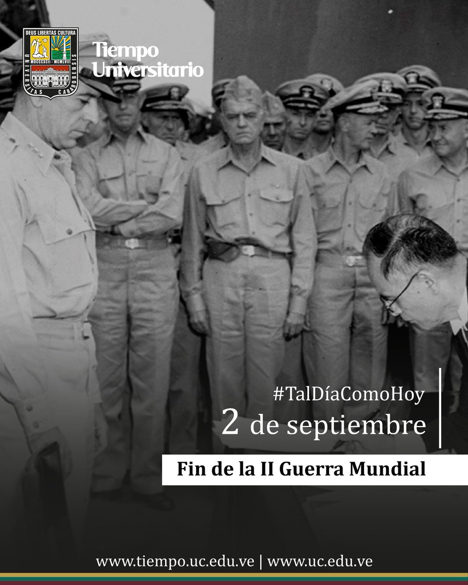 UCarabobo's tweet photo. #TalDíaComoHoy de 1945 finaliza la II Guerra Mundial con consecuencias devastadoras para Europa y Asia. Trajo consigo la reconfiguración del mapa geopolítico mundial al consolidar a EEUU y la Unión Soviética como super potencias. #UC https://t.co/JKxHCbIId4
