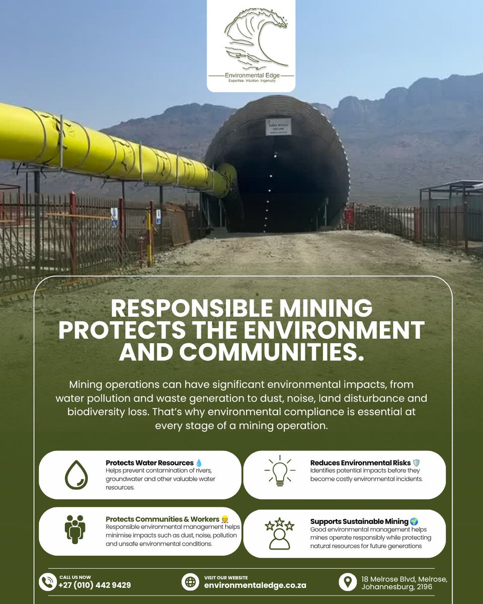 EnviEdge's tweet photo. Mining plays a vital role in South Africa’s economy, but responsible mining requires more than extracting resources — Protect tomorrow.
📞 +27 (010) 442 9429
🌐 https://t.co/bJ9V4oqEKW #ResponsibleMining  #MiningCompliance #EnvironmentalCompliance #SustainableMining https://t.co/WPXI64jEVq