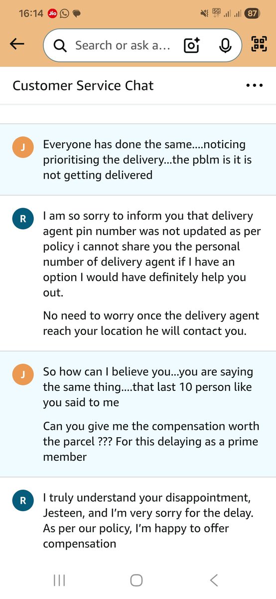 JesteenJ's tweet photo. My order is not getting delivered as a prime member....the customer associate promised me the compensation worth the product....and left the chat midway....

Such a frustration as I am looking for my parcel for past 3 days and no update from the service...
@AmazonHelp @amazonIN https://t.co/T1T7YHC9ji