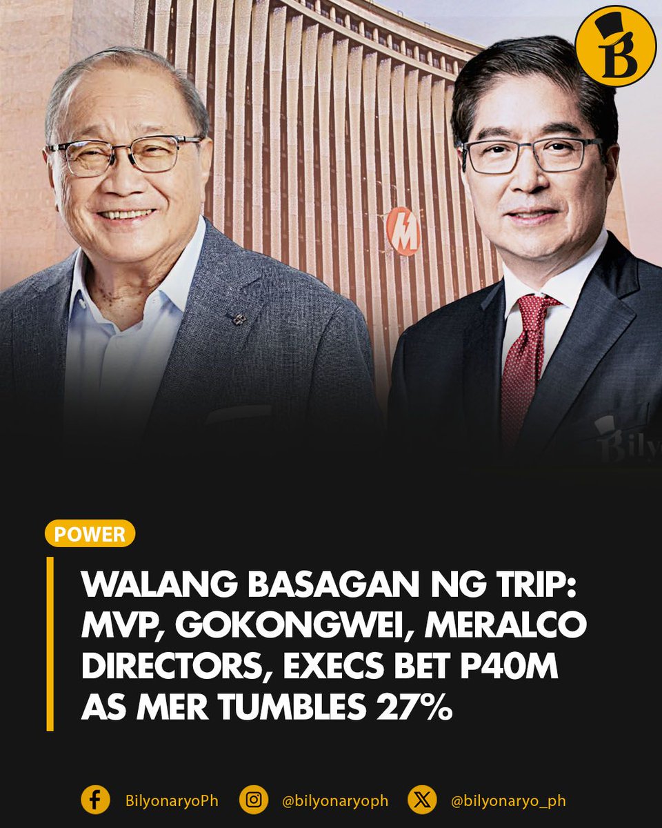 bilyonaryo_ph's tweet photo. Meralco’s top brass, led by bilyonaryos Manuel V. Pangilinan and Lance Gokongwei, have been buying the power giant’s shares on the way down. So far, they have yet to find the bottom.

Pangilinan, Gokongwei and nine other Meralco directors and executives bought a combined 76,740 shares worth about ₱40.47 million in July and August, based on official records.

READ: https://t.co/VTrtRsug7L