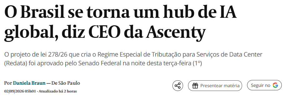 opapoeconomico's tweet photo. O Senado aprovou na noite de terça-feira o projeto que cria o Redata, regime especial de tributação para serviços de data center. A medida suspende IPI, Imposto de Importação, PIS e Cofins na compra de equipamentos sem similar nacional.

O setor comemorou. Christopher Torto, presidente da Ascenty, afirmou ao Valor que com o Redata o Brasil se torna um hub de IA global. A empresa tem 21 data centers em operação e oito em construção no país, e planeja ao menos quadruplicar seus projetos.

Os números dão a dimensão. A consultoria IDC projeta venda de servidores de US$ 769,7 milhões no Brasil em 2026, alta de 23,7% sobre 2025, e calcula que o Redata acrescente de 8% a 10% à receita com equipamentos e software em 2027. Sem ele, a expectativa era de queda de 11,8%, com os provedores de grande escala já cansados depois de dois anos de expansão forte.

Falta a parte estadual, que é a maior. Dois terços dos impostos que incidem sobre essas máquinas são ICMS, e o corte de 90% depende do Confaz, reunido esta semana em Maceió. Sem essa peça, o benefício federal resolve um terço do problema.

Renúncia fiscal é escolha, não milagre. O país abre mão de receita agora apostando que o investimento apareça depois, e a aposta só se paga se o que rodar em cima desses galpões também for feito aqui. Caso contrário, o Brasil vai ter subsidiado a infraestrutura e importado a inteligência.
