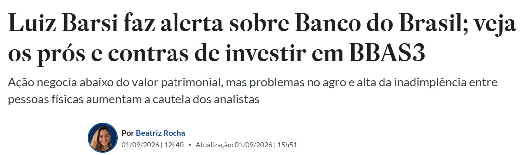 opapoeconomico's tweet photo. Luiz Barsi, que construiu patrimônio comprando estatal e vivendo de dividendo, disse ao canal Primo Rico que não pretende ampliar posição no Banco do Brasil. "Hoje eu não compraria mais Banco do Brasil enquanto nós estivermos em um governo de esquerda. Esta é uma opinião muito pessoal. Eu olho para os resultados", afirmou. Citou Banco BMG (BMGB4) e Banrisul (BRSR6) como alternativas mais atrativas no setor.

Os resultados que ele diz olhar são estes. O retorno sobre patrimônio ficou em 8,3% no segundo trimestre, o menor entre os grandes bancos listados. A inadimplência no agronegócio quase dobrou em um ano, de 3,16% para 6,27%. E apareceu um problema novo: o atraso acima de 90 dias entre pessoas físicas subiu de 5,59% para 8,41%, com o cartão de crédito saltando de 7,12% para 14,58% em um único trimestre.

Para quem compra o papel por renda, a linha que dói é outra. O payout caiu de uma faixa de 40% a 45% para 30%.

A ação negocia perto de R$ 20, a 0,6 vez o valor patrimonial, e acumula queda de 7,55% em 2026. BTG, Itaú BBA, XP, Ágora e Bradesco BBI estão todos em recomendação neutra, com preços-alvo entre R$ 20 e R$ 25.

Barato e oportunidade não são a mesma coisa. Barato é o preço que o mercado cobra para esperar uma virada sem saber quanto tempo ela vai levar.