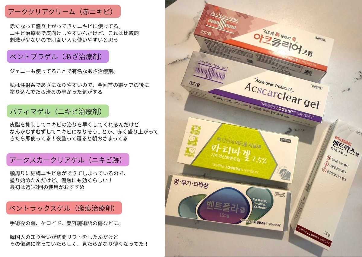 韓国行ったらオリヤンより好きなのが薬局なんだけど、中心地からちょっと外れた薬局に何が置いてるかみるのが好きw薬局によって結構値段が違う（中心地は高い）ので、リサーチと節約兼ねて薬局巡りしてるw

リピ確定なのが

①アーククリアクリーム（赤ニキビ）
できたてニキビ、比較的刺激少なめ

②ベントプラゲル（あざ治療剤）
注射系の施術受けるとすぐアザになるんだけど、塗るとはっぱり治りが早い
韓国販売１位のアザ軟膏
BLACKPINK ジェニーのおすすめアイテムで、テレビでも紹介されたもの

③ パティマゲル（ニキビ治療剤）
皮脂を抑制してくれるのでできたてに塗ると治りが早い。
でも結構乾燥するので、週1-2回とか様子を見て使ってる

④アークスカークリアゲル（ニキビ跡）
顎周りにホルモンニキビの跡が結構あるので、今回入手してみた！
これも週1-2回、様子を見ながら使ってる

⑤ベントラックスゲル（瘢痕治療剤）

知り合いが切開リフトの後に塗ったら治りが早かった！って言ってて、私は交通事故の傷跡に塗ってる

韓国の治療薬って大容量なのにお値段お手頃で大変助かる。

#ベントラックス #ベントプラ #パティマゲル #韓国スキンケア #韓国薬局