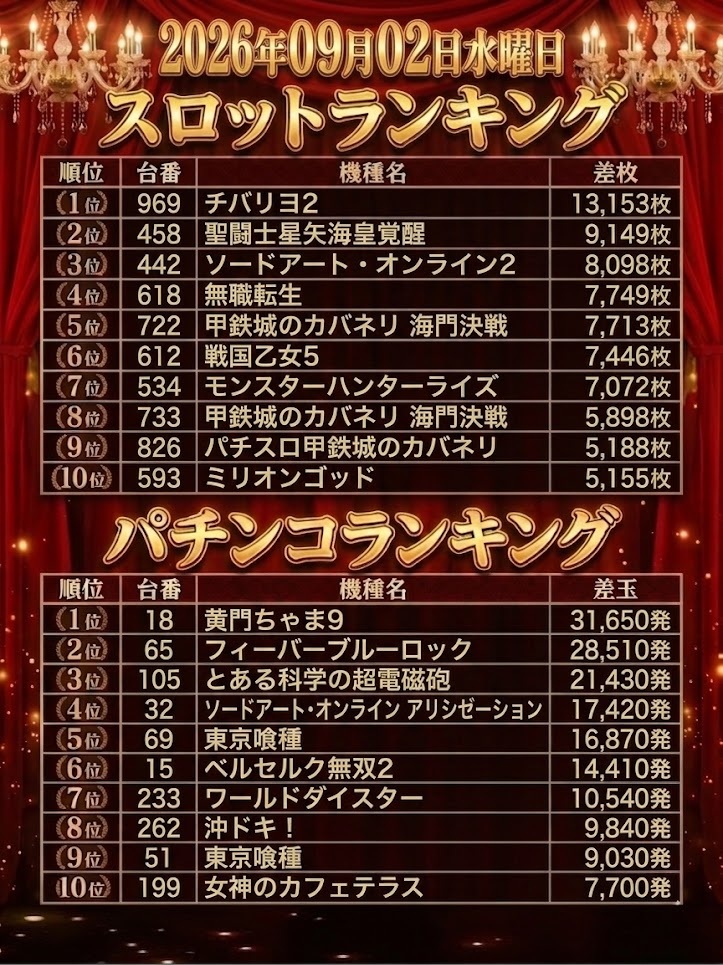 g_yashio's tweet photo. 9月2日(水)のランキング発表📸※20時00分時点での差枚差玉ランキングとなります。   明日のご来店もお待ちしております 📷<‼ https://t.co/q5IM8qV7wX