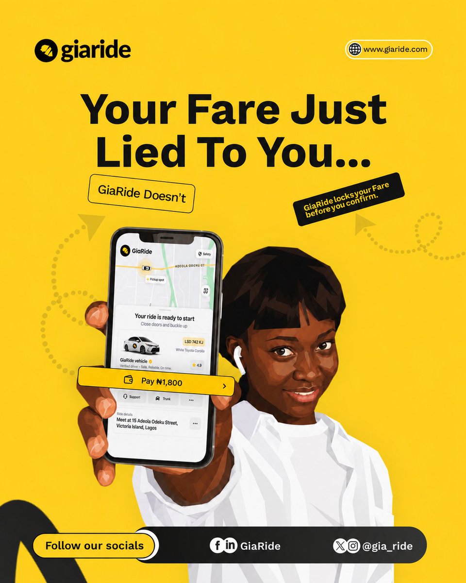 gia_ride's tweet photo. Ride app shows ₦1,800. You confirm. It becomes ₦3,200.

GiaRide locks your fare before confirmation. What you see is what you pay. Always.
No surge. No drama. Coming soon. 

Follow us for launch updates.

#GiaRide #NoSurge #TransparentPricing https://t.co/LZiLkRI89u