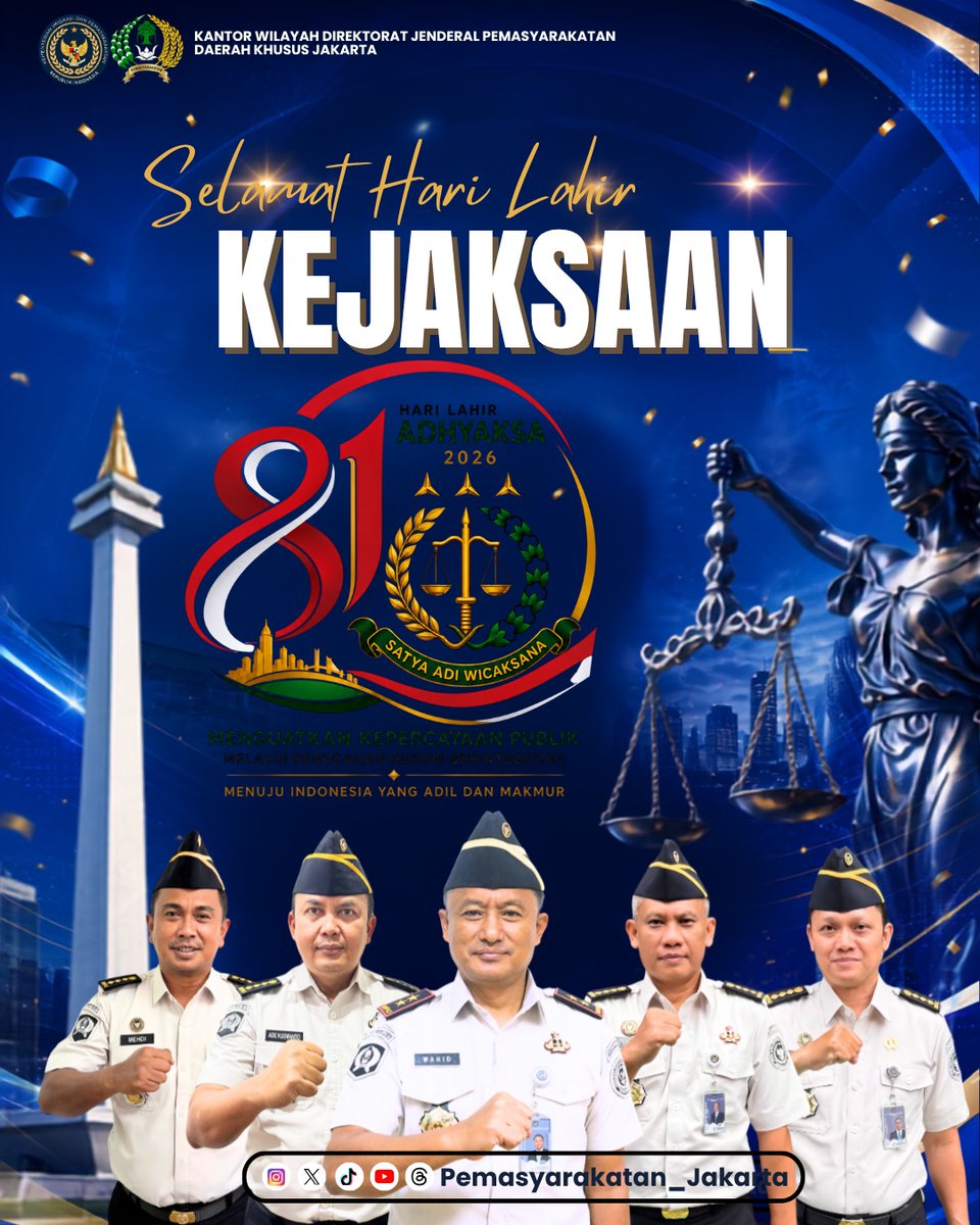 HumasPasDkJkt's tweet photo. ⚖️ SELAMAT HARI LAHIR KEJAKSAAN REPUBLIK INDONESIA

Keluarga Besar Kantor Wilayah Direktorat Jenderal Pemasyarakatan Daerah Khusus Jakarta mengucapkan:

Selamat Hari Lahir Kejaksaan Republik Indonesia https://t.co/XPX26gqJu9