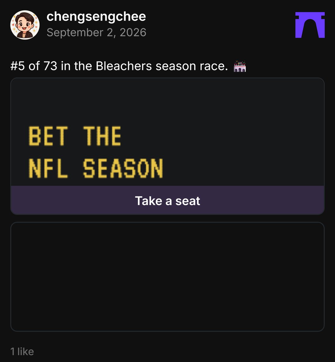sengchee268's tweet photo. https://t.co/ojKfRQFbCC
#5 of 73 in the Bleachers season race. 🏟️
https://t.co/GSagknpIjb https://t.co/fdVdil3n9v