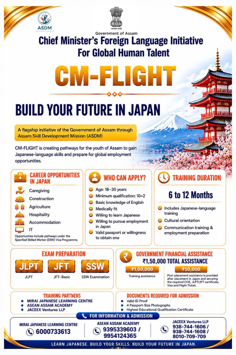 assamskilluniv's tweet photo. 🇯🇵 Build Your Future in Japan!
CM-FLIGHT by the Government of Assam equips eligible youth with Japanese-language skills and job-oriented training for career opportunities in Japan.
Learn Japanese. Build Skills. Go Global. 🌏
#CMFLIGHT #ASDM #AssamYouth #JapanOpportunities https://t.co/SBQWoLxyfb