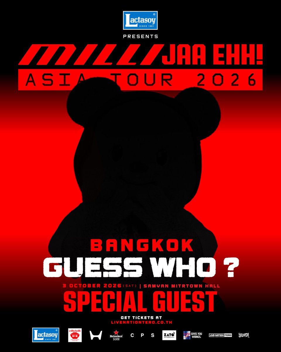 livenationth's tweet photo. Special Guest คนที่สาม 
ของ LACTASOY presents MILLI JAA EHH! ASIA TOUR 2026 IN BANGKOK มาแล้ววว ✨

ไหนใครรู้บ้างลอง comment มาบอกกันหน่อย 
ใบ้ขนาดนี้แล้ว… ถ้ายังไม่รู้ก็ต้องจดชื่อแล้วนะ 📝 

🗓️ 3 ตุลาคม 2569 
📍 สามย่านมิตรทาวน์ฮอลล์ 
🎫 ซื้อบัตร คลิก https://t.co/BcgzFA0K8Z 
___________________

The THIRD Special Guest
of LACTASOY presents MILLI JAA EHH! ASIA TOUR 2026 IN BANGKOK is hereee ✨

Any guesses? 👀
Tell us who you think it is in the comments!

We’ve dropped a hint this big already…
If you still don’t know, better write this name down 📝

🗓️ 3 October 2026
📍 Samyan Mitrtown Hall
🎫 Tickets: https://t.co/BcgzFA0K8Z

#MILLI_JAAEHH_ASIATOUR 
#MILLI_JAAEHH_TOUR_BKK 
#MILLI 
#YUPP 
#LiveNationTero