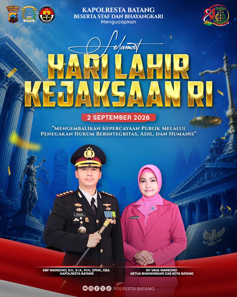 PolrestaBatang's tweet photo. Kapolresta Batang Kombes Pol Warsono, S.H., S.I.K., M.H., CPHR., CBA. beserta staf dan Bhayangkari mengucapkan 

selamat memperingati Hari Lahir Kejaksaan Republik Indonesia ke-81. 

“Mengembalikan Kepercayaan Publik Melalui Penegakan Hukum Berintegritas, Adil, dan Humanis.”

#HariLahirKejaksaanRI #KejaksaanRI #Kejaksaan81 #PolrestaBatang #PoldaJateng #Sinergitas #PenegakanHukum #Presisi
