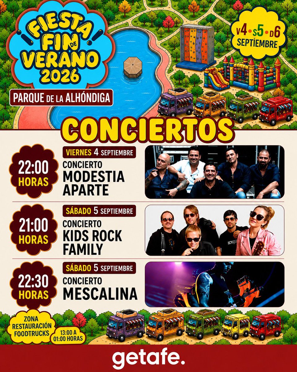 aytogetafe's tweet photo. Este finde despedimos el verano como se merece: tres días de música, actividades y buen ambiente en el Parque de la Alhóndiga. ❤️

🎸 Viernes 4 | 22:00 h — MODESTIA APARTE
🤘 Sábado 5 | 21:00 h — KIDS ROCK FAMILY
🎶 Sábado 5 | 22:30 h — MESCALINA

¡Y muchas cosas más...! https://t.co/gcRVEHLuPL
