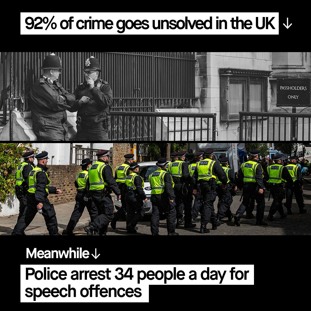 BigBrotherWatch's tweet photo. 🚔Police are arresting people for so-called ‘speech offences’ whilst real crimes go unsolved…

This is the reality of policing in Britain.

Find out how you can defend free speech⤵️

https://t.co/x6drNlyXX2 https://t.co/pFyVuxlhgr