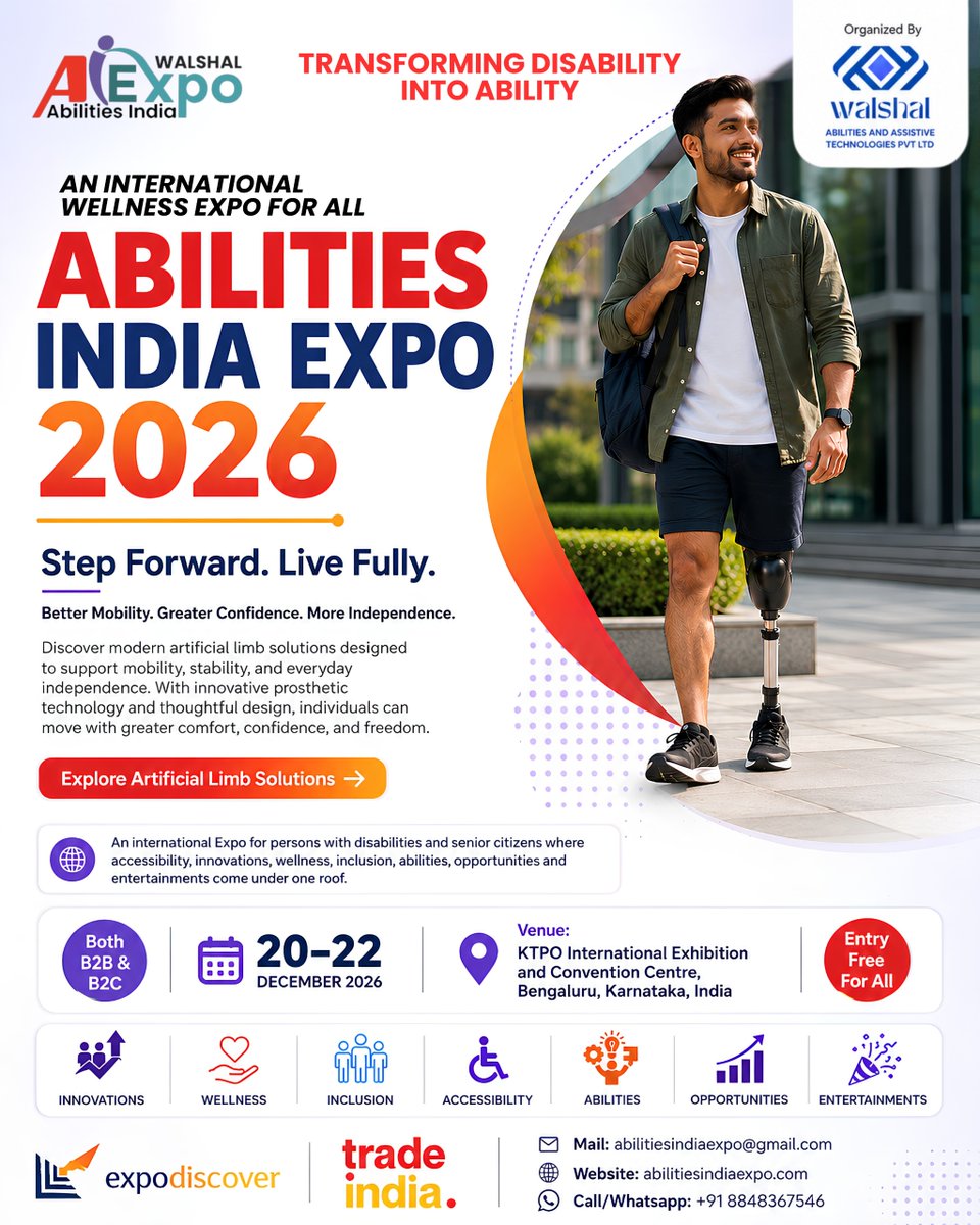 AbilitiesIndia's tweet photo. 🦿 Step Forward. Live Fully.

Discover innovative artificial limb solutions supporting mobility, confidence &amp; greater independence at Abilities India Expo 2026.

📅 20–22 Dec 2026
📍 KTPO, Bengaluru
🎟️ Entry Free
Transforming Disability into Ability.
#AbilitiesIndiaExpo2026 https://t.co/a5q3KZOaIZ