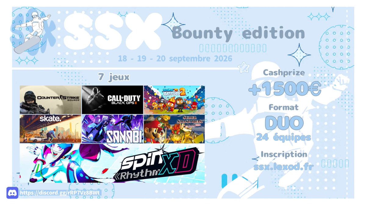 SkikiLeVrai's tweet photo. Aujourd'hui ouvrent les inscriptions pour la SSX Bounty édition, une cup Multigaming organisé par @n3shimyy. C'est un projet particulièrement cool puisque les jeux, le format sont top et c'est autofinancé! Inscriptions gratuites :
https://t.co/El91CtfnD2
RT et Like apprécié ❤️ https://t.co/wrQyUCBGNO