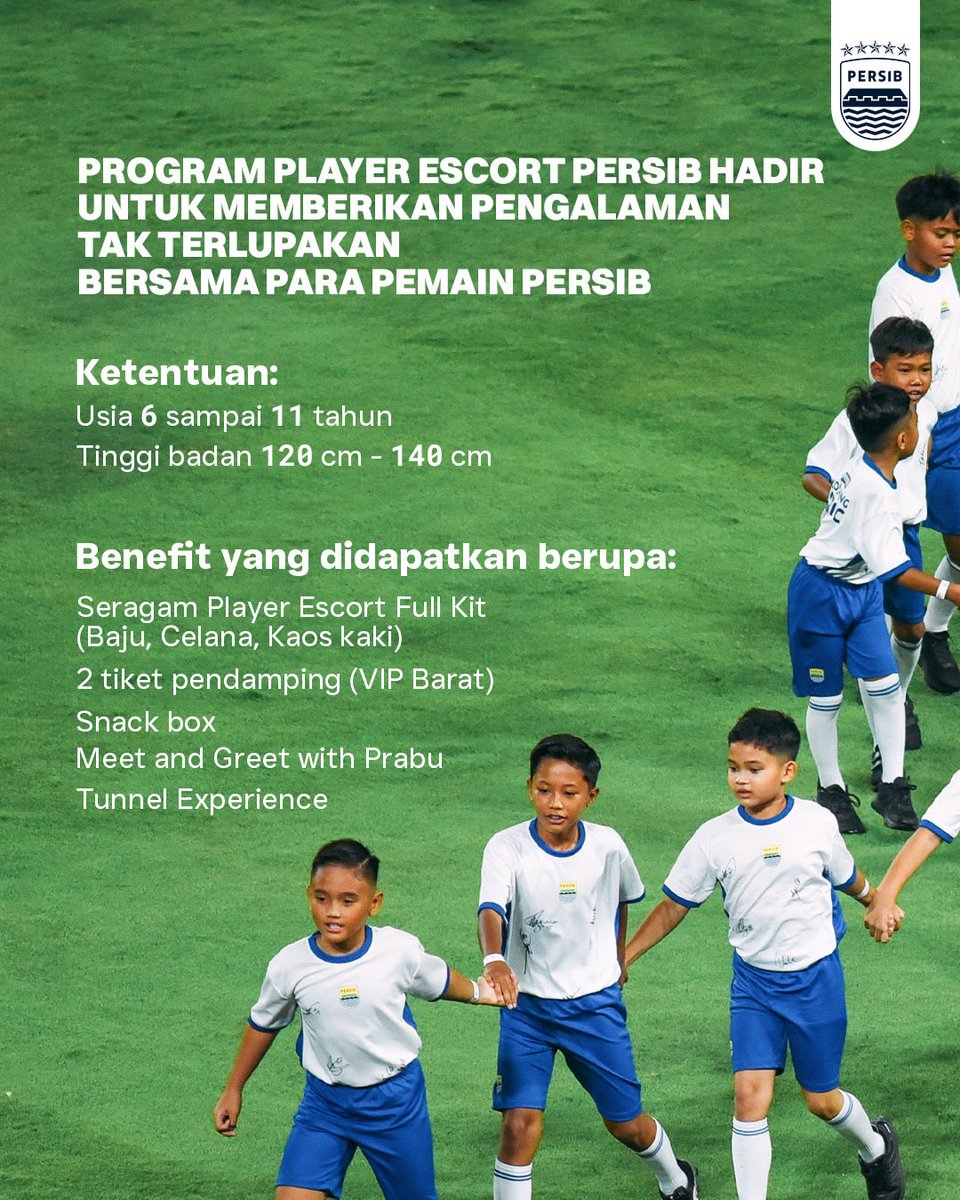 persib's tweet photo. Satu langkah kecil, satu pengalaman besar bersama PERSIB 💙

Wujudkan momen istimewa untuk buah hati dengan menjadi Player Escort PERSIB dan rasakan langsung atmosfer pertandingan bersama para penggawa sebelum kick-off.

Dapatkan Full Kit Player Escort, 2 tiket pendamping VIP Barat, snack box, Meet & Greet with Prabu, serta Tunnel Experience.

Jangan lewatkan kesempatan untuk menciptakan cerita yang akan selalu diingat.

Daftar sekarang melalui QR Code yang tersedia di slide akhir.

#LivesInsideUs #ManahJeungGetihna