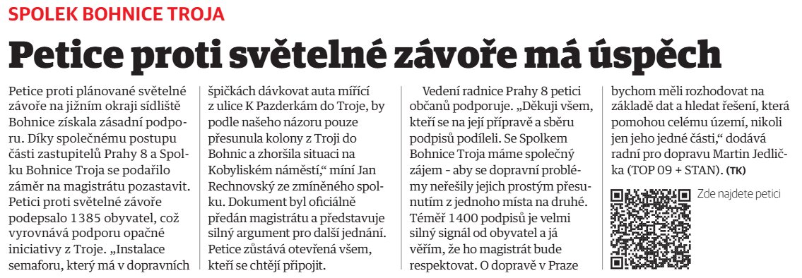 RomanFaltyn's tweet photo. Martine, děkuji za konkrétní příklady. Znovu jsem si to pročetl. Tunel bus radního Jedličky z TOP 09 je zcela neutrální, vůbec tam není zmíněno, že by to celé udělal on viz. obrázek. Další článek k petici také nevyznívá, že by se chlubil zásluhami, je to petice k tématu vyžádanému lidmi z Prahy 8 a čím větší bude počet podpisů, tím bude mít větší váhu a to za občany osmičky přece všichni chceme. Články co zmiňujete k ODS a ANO nekomentuji, to se TOP 09 a STAN netýká. Mimochodem Honza Vocel je řadový člen Redakční rady časopisu Osmička, vy jste její místopředseda, takže mu něco vytýkat za obsah asi není moc na místě.
#Praha8 #Osmička