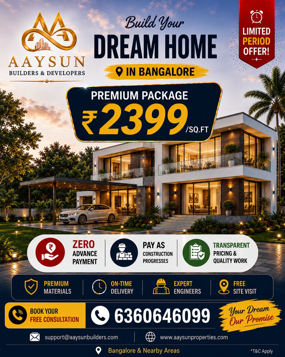 aaysunbuilders's tweet photo. 🏡 Build your dream home in Bangalore with our Premium Package – ₹2,399/sq.ft ✨✔️ Zero advance payment
📞 6360646099 | Free site visit
#aaysunbuilders #premiumpackage #dreamhome #bangalorebuilders #homeconstruction #houseconstruction #bangaloreconstruction #homebuilders https://t.co/HAfRNoEOpc