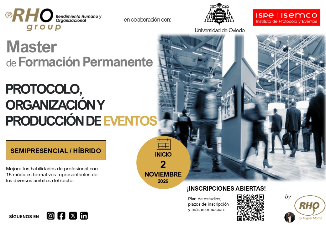 RhoGroup's tweet photo. Nos complace anunciar que continuamos con la colaboración con la @uniovi_info  e @isemco en el Master “PROTOCOLO, ORGANIZACIÓN Y PRODUCCIÓN DE EVENTOS”.
Este gran programa formativo se impartirá en colaboración con @RhoGroup y @Mmoranrho.
Síguenos para + info https://t.co/ScNCIEjxFy