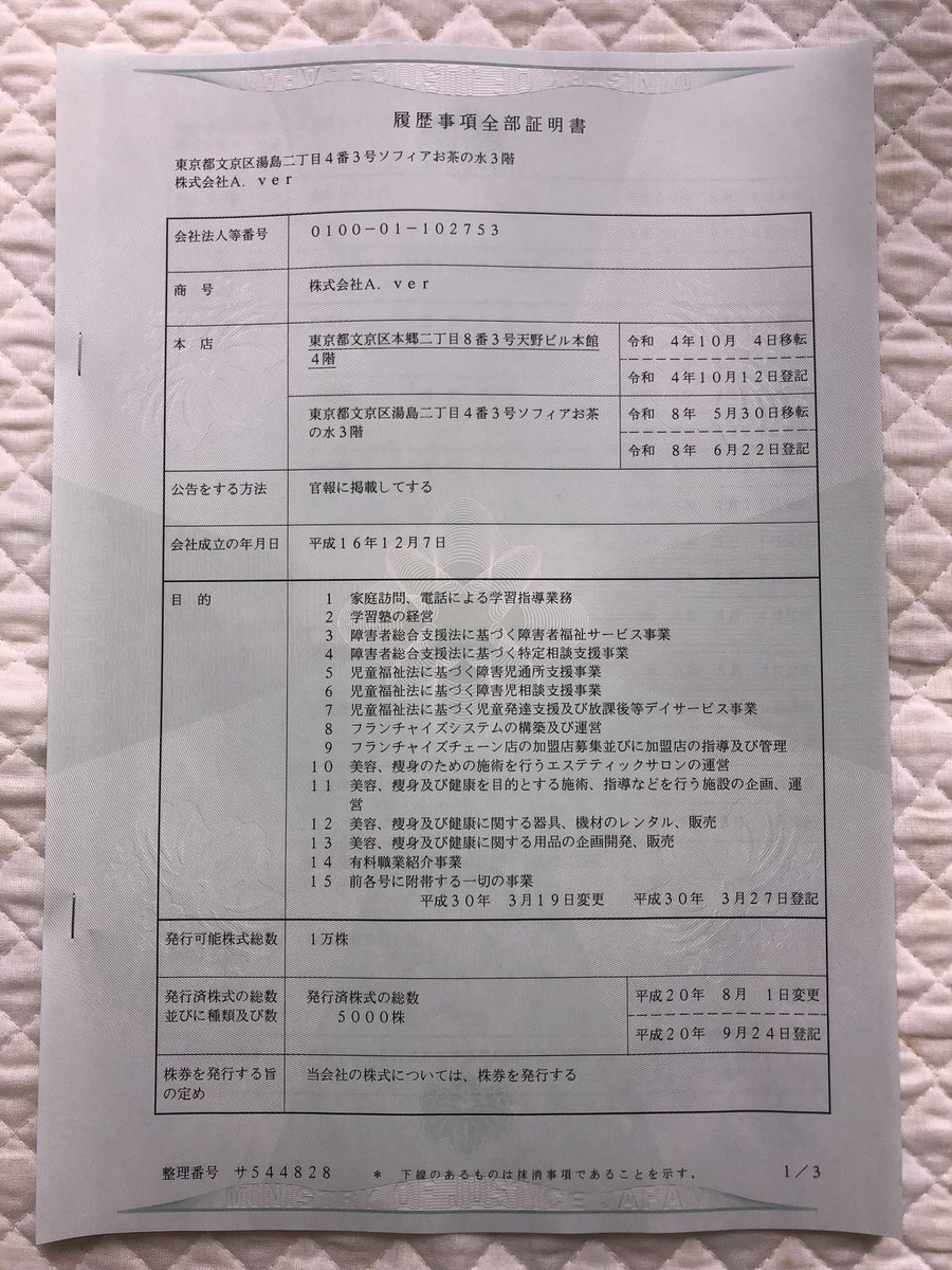 hiro_1214475's tweet photo. こちらは武田塾のフランチャイズ事業を展開している運営会社「株式会社A.ver」の履歴事項全部証明書（通称登記簿謄本）です。
手数料を納付すれば誰でも取れます。
役員に関する事項には、高田氏を含め3名が同社取締役として登記されてます。
※代表取締役の住所はマスキングしました https://t.co/lnns2L4m8V