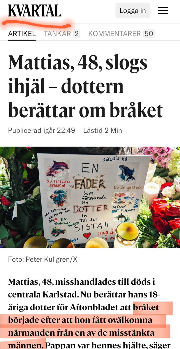 PlainviewLegacy's tweet photo. Jag var först av alla med att berätta att dottern till dödsmisshandlade pappan menat att hon skulle ha blivit tafsad på. För detta hängdes jag ut i @kvartalet.
 Nu är uppgiften bekräftad och all mainstream media som i flera dagar suttit och lökat skriver nu om det - inklusive Kvartal själva(!)
 Tar det igen: Mitt konto var alltså före en hel redaktion med alla tänkbara resurser, budget, kompetens och möjligheter att själva leta reda på fakta istället för att försöka fulsmeta SDs Charlie Weimers genom mig.
 Jag återgav en korrekt uppgift, hängdes ut, och dagarna senare använder samma redaktion som nyss förtalade mig och indikerade att jag skulle twittrat "högerextremt" samma uppgifter man nyss tyckte var problematiska.
 Jag blev inte ens kontaktad av Kvartal, men tar gärna emot en ursäkt nu, @lindashanwell och @moreno_federico.